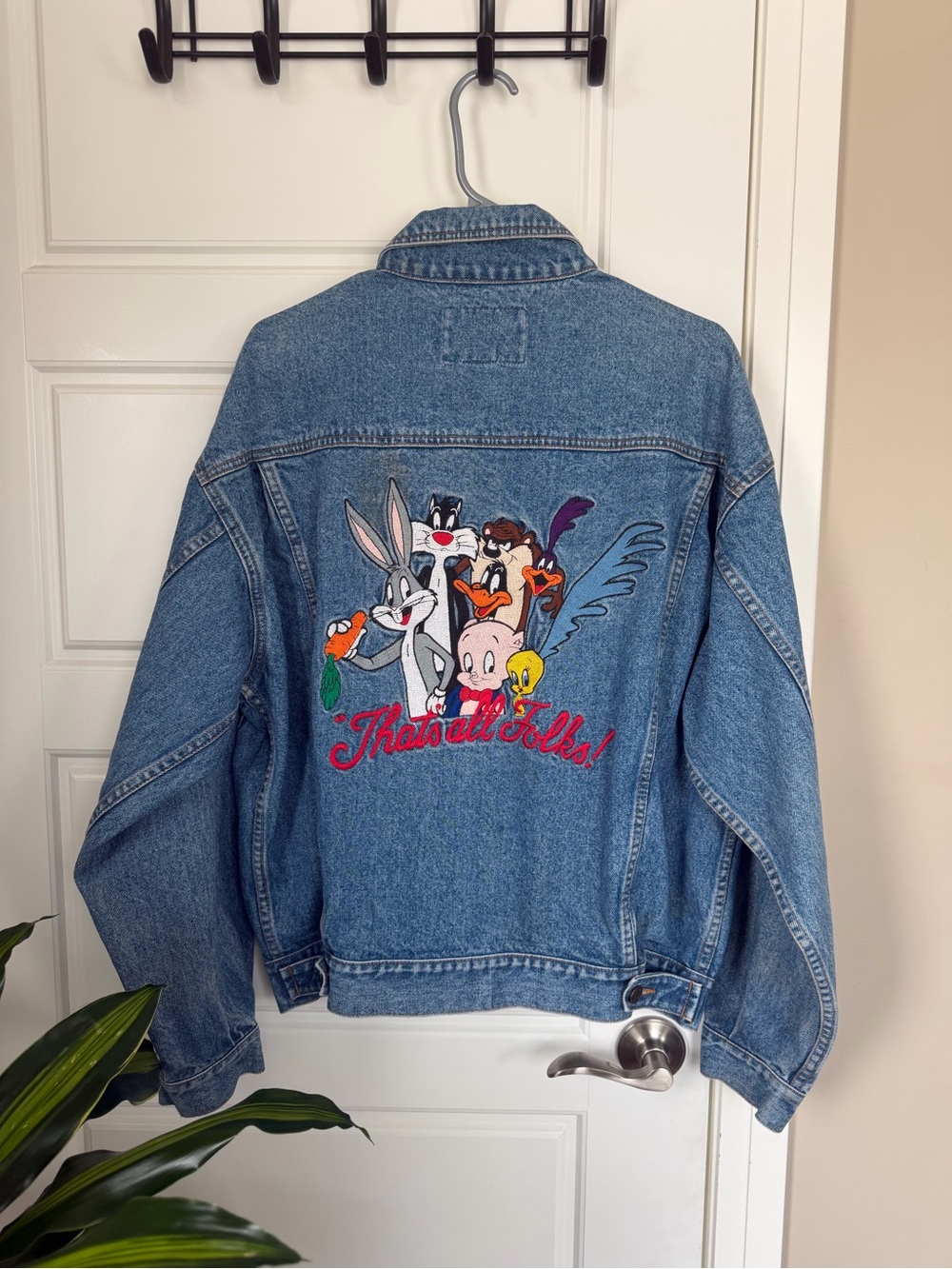 Vintage Looney Tunes Embroidered Denim Jacket - Blue
